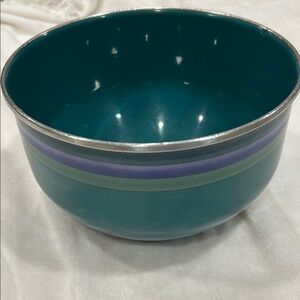 Vintage Teal Enamel Bowl with Silver Rim and Stripes